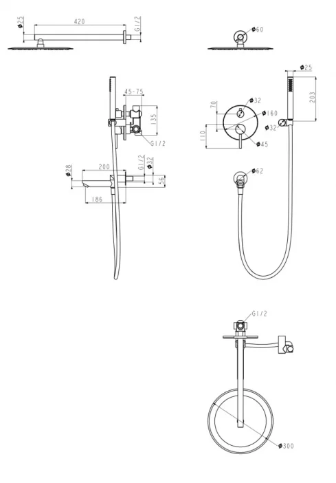 Set de duș FILARETE Roun FL1020 (Negru mat)