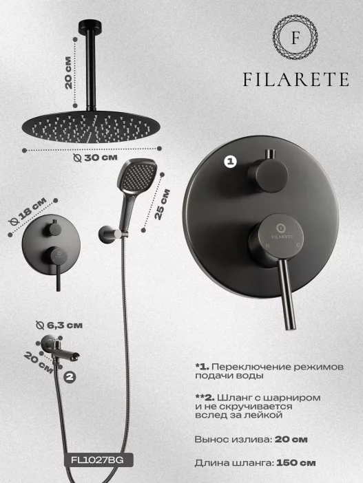 Душевая система скрытого монтажа FILARETE Roun FL1027 (Графит)