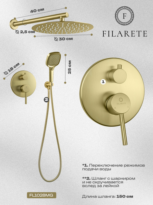 Душевая система скрытого монтажа FILARETE Roun FL1028 (Матовое золото)